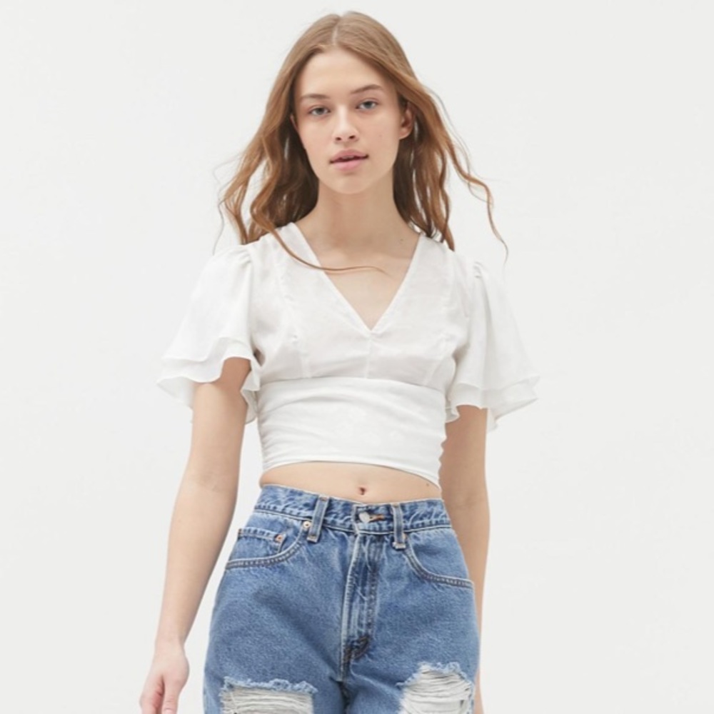 Urban Outfitters UO Ivory Webster Jacquard Flutter Sleeve Top